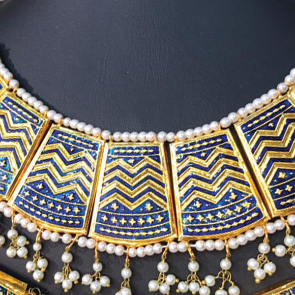 Beautiful Vintage Pearls Golden Necklace With Earrings Set For Womens Dark Blue 70807