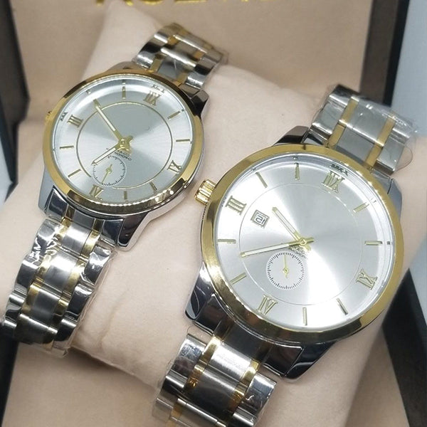 New Stylish Couple Watches Second With Date Ladies And Gents Pair Silver & Golden 97996 | Abdul Basit Janjee