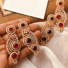 Vintage Gold Plated & Stones Styllish Rounded Shaped Earrings Set For Women's