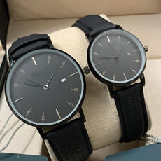 Black Strap & Simple Black Dial Pair Watch With Date Option For Men's And Womens Best Gift For Valentine's Day 8765 | 24hours.pk
