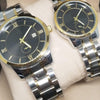 New Stylish Couple Watches Second With Date Ladies And Gents Pair Black Dial With Silver & Golden Chain 97996 | 24hours.pk