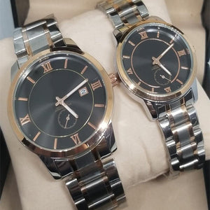 New Stylish Couple Watches Second With Date Ladies And Gents Pair Black Dial With Golden & Silver Chain 97996 | Abdul Basit Janjee