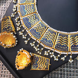 Beautiful Vintage Pearls Golden Necklace With Earrings Set For Womens Dark Blue 70807