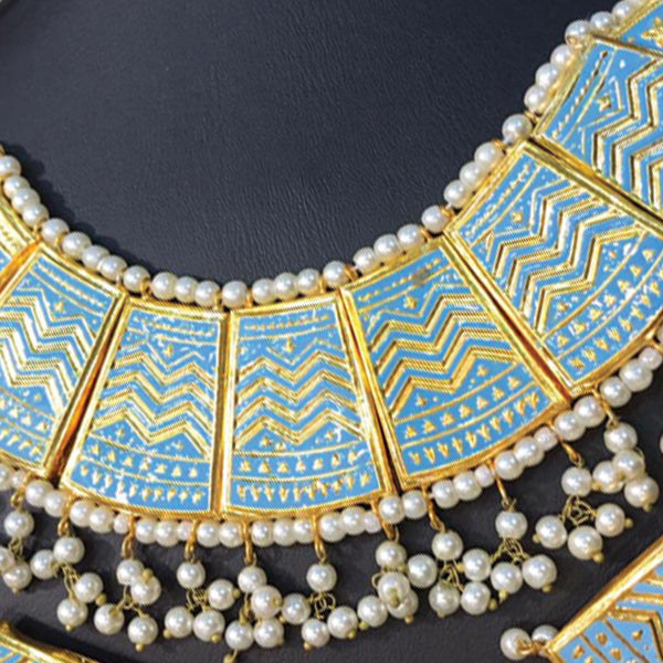 Beautiful Vintage Pearls Golden Necklace With Earrings Set For Womens Sky Blue 70807