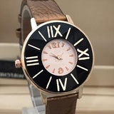 Simple Roman Wrist Watch For Womens Golden & Black Dial With Brown Belt | 24hours.pk