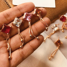 Muticolors Polygon Shaped Stones Long Drop Chain Earrings Set For Her 50004
