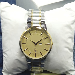 Latest Luxury Wrist Watch With Day & Date Function Silver & Golden Chain With Yellow Dial 56421 | Ammad