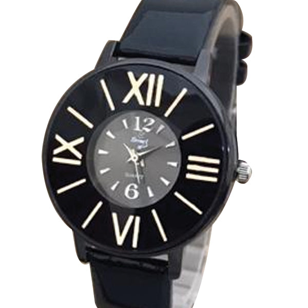 Simple Roman Wrist Watch For Womens Golden & Black  Dial With Black Belt | 24hours.pk