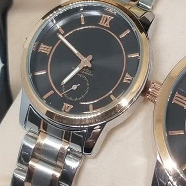 New Stylish Couple Watches Second With Date Ladies And Gents Pair Black Dial With Golden & Silver Chain 97996 | Abdul Basit Janjee