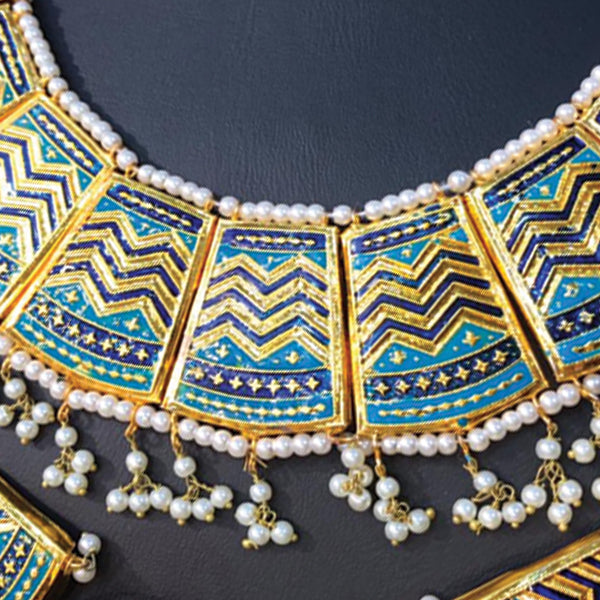 Beautiful Vintage Pearls Golden Necklace With Earrings Set For Womens Sky & Dark Blue 70807