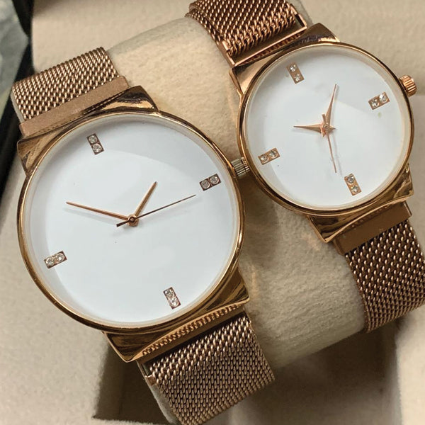 Ck Magnetic Pair Watch Dummy Down Second Golden & White For Mens & Womens Best Gift For Valentines Day 8973 | 24hours.pk