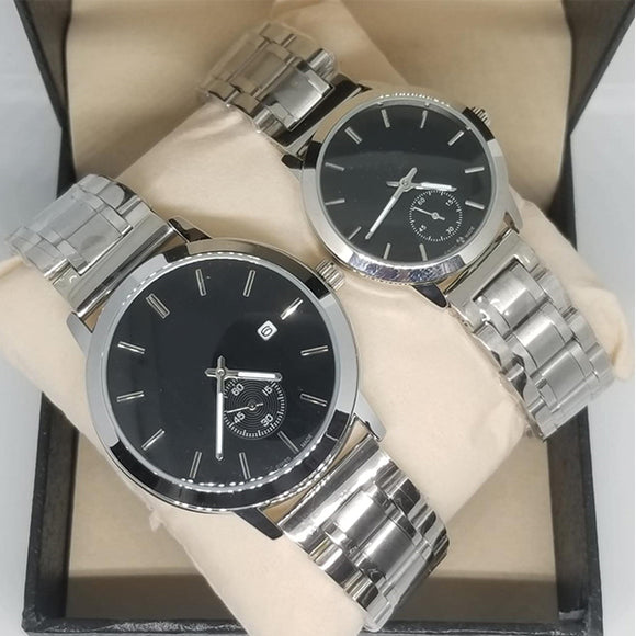 Simple Couple Watches Second With Date Ladies And Gents Pair Silver & Black 97996 | Abdul Basit Janjee