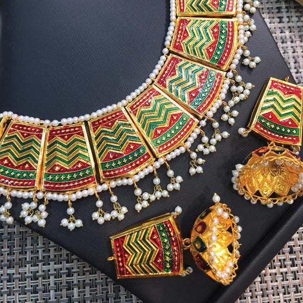 Beautiful Vintage Pearls Golden Necklace With Earrings Set For Womens Red & Green 70807