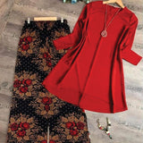 Lollypop Plain Red Shirt Printed Rose Flower Design Trouser 6231