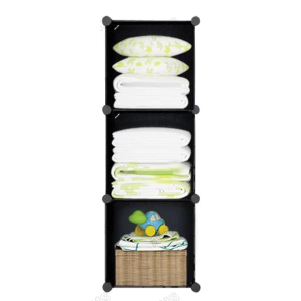 Portable 3 Cube Wardrobe Cabinets Versatile Stacking Plastic Wardrobe Bookshelves Toys - Black | 24hours.pk