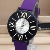Simple Roman Wrist Watch For Womens Black & Golden Dial With Purple Belt | 24hours.pk