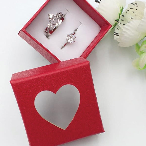 Pack of 2 Multi Design Double Heart & Flower Diamond Design Ring With Heart Design Box For Her Gift or Engagement Silver 0864 | 24hours.pk