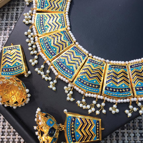 Beautiful Vintage Pearls Golden Necklace With Earrings Set For Womens Sky & Dark Blue 70807
