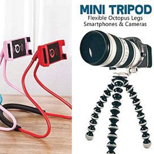 Pack of 2 Random Color Flexible Hanging Neck Lazy Smartphone Holder Stand And  Mini Tripod with Flexible Octopus Legs | 24HOURS.PK