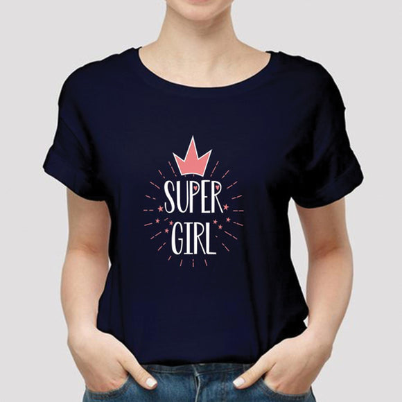 Super Girl Printed Girls Half Sleeve Printed Half Sleeve T-shirt Dark Blue 99910