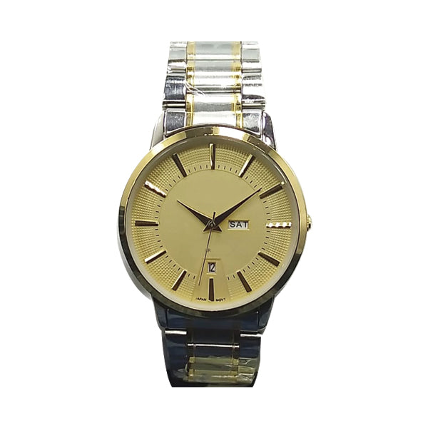 Latest Luxury Wrist Watch With Day & Date Function Silver & Golden Chain With Yellow Dial 56421 | Ammad