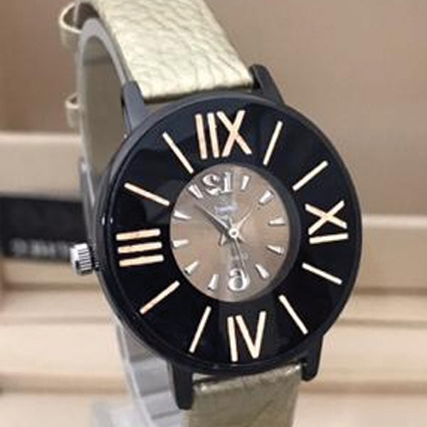 Simple Roman Wrist Watch For Womens Golden & Black Dial With Golden Belt | 24hours.pk