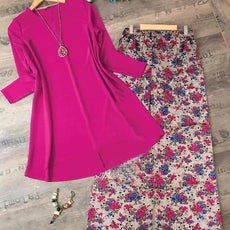 2 in 1 Kurti and Bootcut Trouser Set for Women & Girls Pink & Grey LP-002