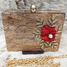 Bridal Fancy Red Flower Design Clutch For Women Brown 5815