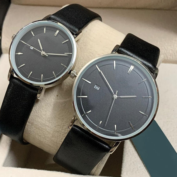 Black Strap & Creative Dial Pair Watch With Date Option For Men's And Womens Best Gift For Valentine's Day 8765 | 24hours.pk