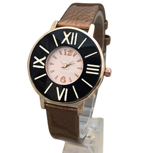 Simple Roman Wrist Watch For Womens Golden & Black Dial With Brown Belt | 24hours.pk