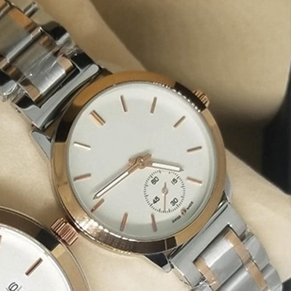Simple Couple Watches Second With Date Ladies And Gents Pair White Dial With Light Golden & Silver Chain 97996 | Abdul Basit Janjee