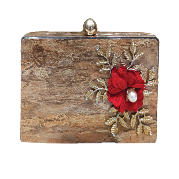 Bridal Fancy Red Flower Design Clutch For Women Brown 5815