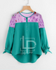 Lollypop Mesh Panel Dip Hem Tie Cuff Blouse SeaGreen