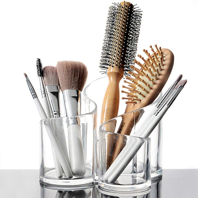 Cosmetic Organizer Makeup Brushes Transparent Brushes Acrylic Crystal Crystal Beauty Products Storage with 3 Compartments Desk Organizer - Round | 24HOURS.PK