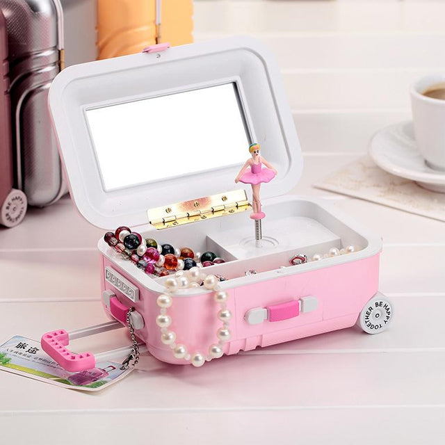 Pink Candy Color Jewelry Storage Box Luggage Trolley Style Music Musical Box | 24HOURS.PK