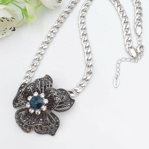 New Beautiful Black Silver Chain Flower With Blue Stone Locket For Her | 24hours.pk