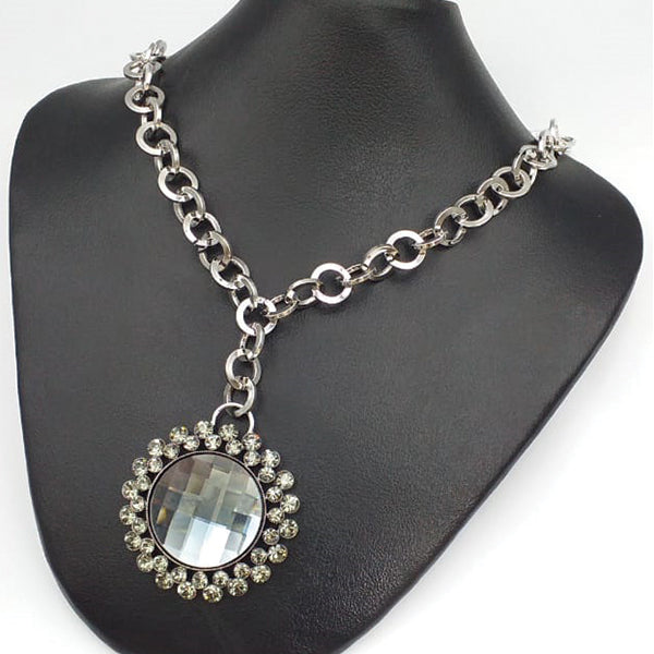 Rounded Shaped Diamond Necklace With Silver Chain For Womens | 24hours.pk