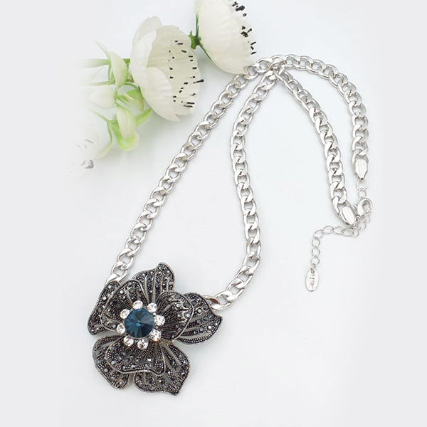New Beautiful Black Silver Chain Flower With Blue Stone Locket For Her | 24hours.pk