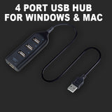 Hi-Speed 1 Meter Cable 4 Port USB Hub For Windows & Mac, Black | 24hours.pk