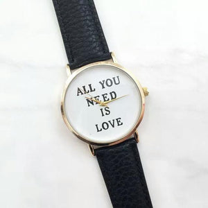 New Style 1 Pcs Lot All You Need Is Love Watch Words Printed Leather Watch For Womens Black Strips 4633 | 24hours.pk