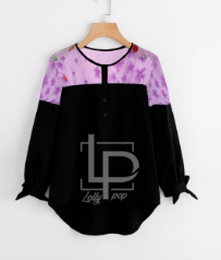 Lollypop Mesh Panel Dip Hem Tie Cuff Blouse Black