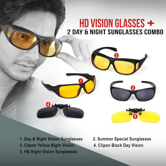 Pack of 2 HD Night Vision & Day Glasses - Black & Yellow | 24HOURS.PK