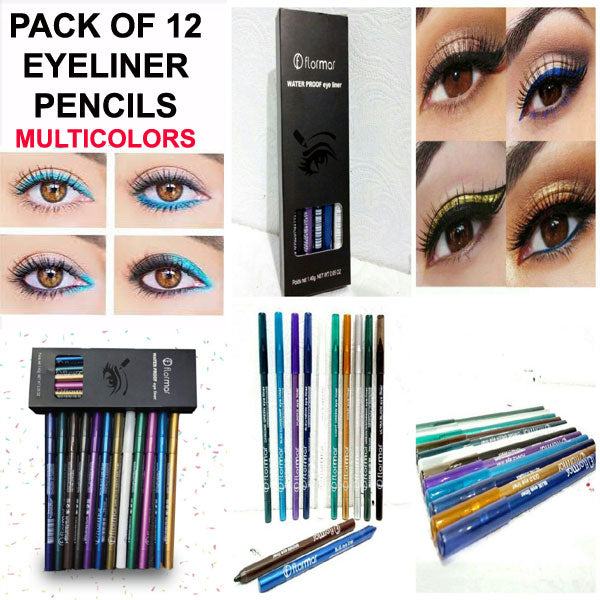 Pack Of 12 Waterproof Eyeliner & Lip Pencils - Multicolors
